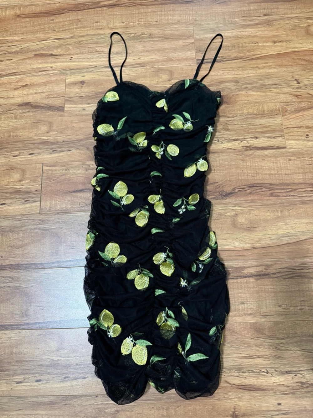 Zara Black Lemon-Embroidered Ruched Slip Dress T48